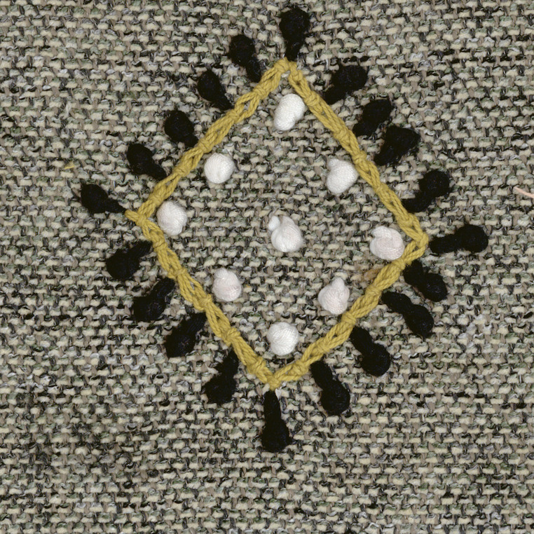 Detail van Elitis-stof Loreto LZ 890 49 met een geborduurd ruitpatroon in geel, wit en zwart op een grof geweven achtergrond.