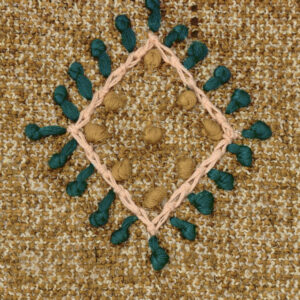 Detail van Elitis-stof Loreto LZ 890 79 met geborduurd ruitpatroon in beige, groen en okergeel garen op een grofgeweven bruine achtergrond.