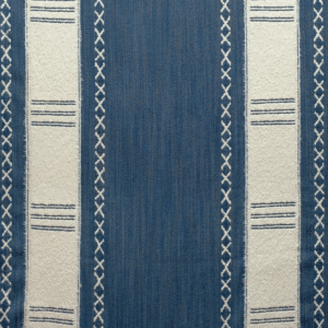 Blauw-wit Elitis Escale LI 878-40 stofpatroon met verticale strepen en decoratieve lijnen.