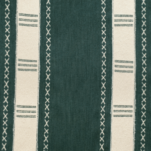 Groen en beige Elitis Escale LI 878 42 stof met verticale strepen en decoratief stikselpatroon.