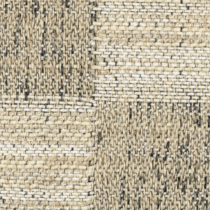Close-up van Elitis Horizon LI 873 01 stof met een grof geweven patroon in beige- en natuurtinten.