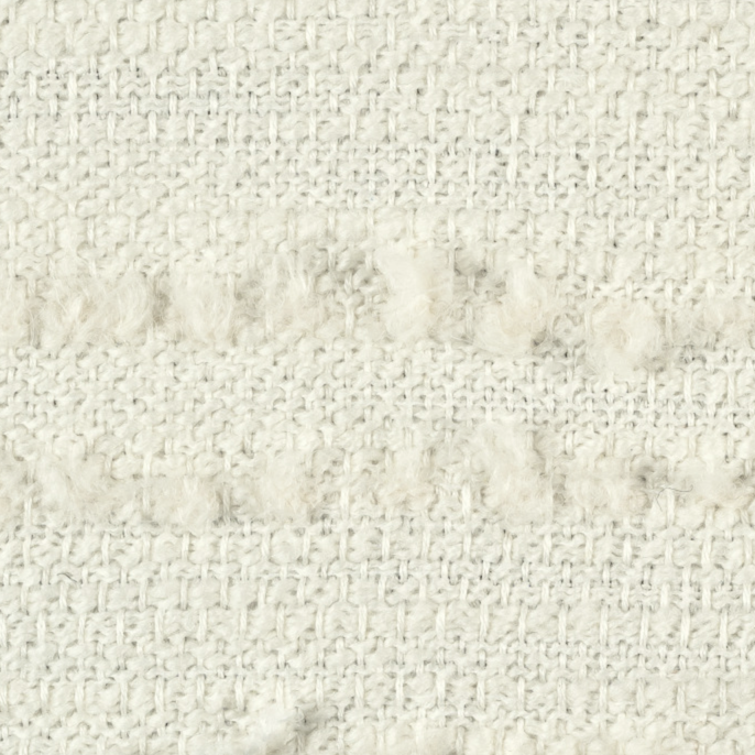 Close-up van de Elitis-stof Horizon LI 875 01 met een grof, crèmekleurig geweven textuur en subtiele lusdetails.