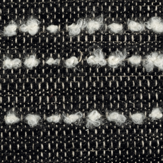 Detail van Elitis-stof Horizon LI 875 80 met een geweven zwart-wit patroon en lussen van witte wol.