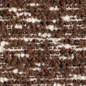 Close-up van de Elitis-stof Horizon LI 876 70 in bruin- en crèmetinten met grove textuur.