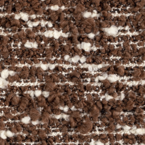 Close-up van de Elitis-stof Horizon LI 876 70 in bruin- en crèmetinten met grove textuur.