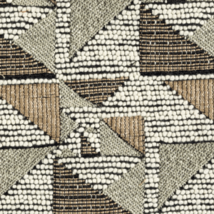 Detailopname van Elitis-stof Horizon LR 331 80 met een geometrisch patroon in beige, wit, zwart en olijfgroen.