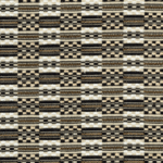 Gedetailleerd geweven Elitis-stofpatroon Horizon LR 332 02 in beige, zwart en metallic tinten.