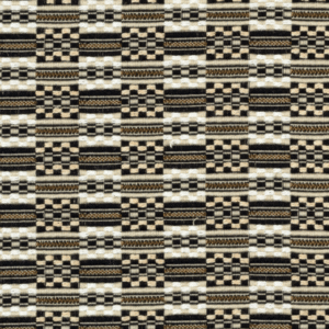 Gedetailleerd geweven Elitis-stofpatroon Horizon LR 332 02 in beige, zwart en metallic tinten.