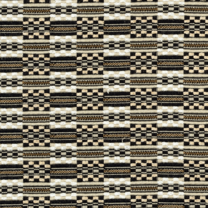 Gedetailleerd geweven Elitis-stofpatroon Horizon LR 332 02 in beige, zwart en metallic tinten.