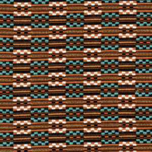 Detailopname van de Elitis-stof Horizon LR 332 37 met een geweven patroon in bruin, turquoise, zwart en wit.
