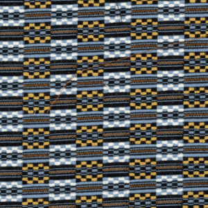 Detailopname van de Elitis-stof Horizon LR 332 40 met een geometrisch patroon in zwart, wit, geel en blauw.