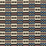 Gedetailleerde geweven Elitis-stof uit de Horizon-collectie met een kleurrijk geometrisch patroon in beige, zwart, blauw en roze.