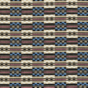 Gedetailleerde geweven Elitis-stof uit de Horizon-collectie met een kleurrijk geometrisch patroon in beige, zwart, blauw en roze.