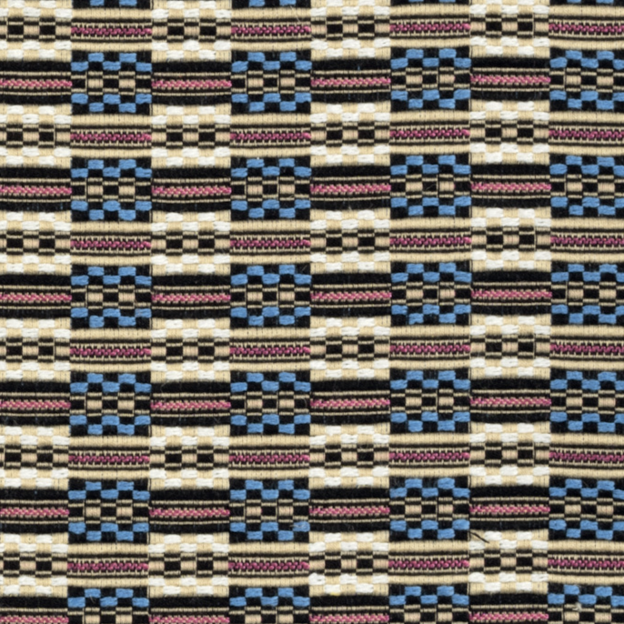 Gedetailleerde geweven Elitis-stof uit de Horizon-collectie met een kleurrijk geometrisch patroon in beige, zwart, blauw en roze.