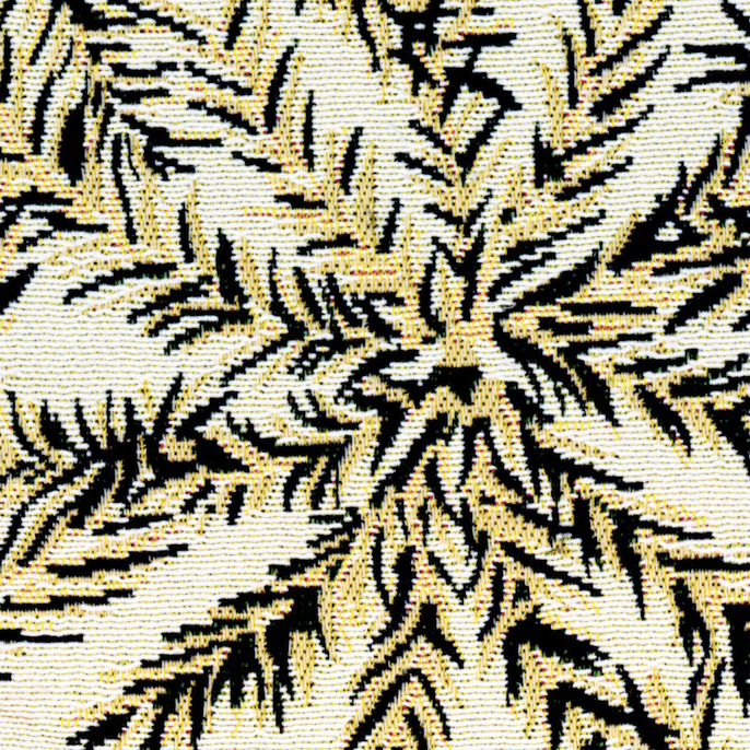 Detail van de Elitis outdoorstof Rio OD 118 01 met een abstract bladvormig patroon in geel, zwart en wit.