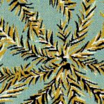 Detail van Elitis outdoorstof Rio OD 118 in blauw met tropisch bladerpatroon in geel, zwart en wit.
