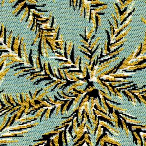 Detail van Elitis outdoorstof Rio OD 118 in blauw met tropisch bladerpatroon in geel, zwart en wit.