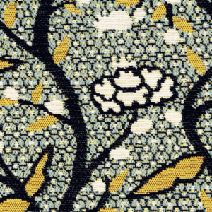 Detail van Elitis outdoorstof Rio OD 119-40 met een grafisch bloemenpatroon in geel, wit en zwart op een geweven ondergrond.