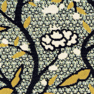 Detail van Elitis outdoorstof Rio OD 119-40 met een grafisch bloemenpatroon in geel, wit en zwart op een geweven ondergrond.