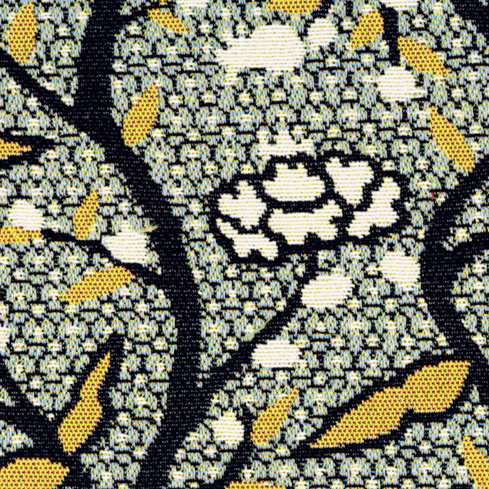 Detail van Elitis outdoorstof Rio OD 119-40 met een grafisch bloemenpatroon in geel, wit en zwart op een geweven ondergrond.