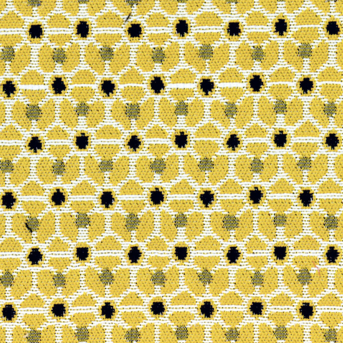 Geel Elitis Outdoor Rio OD 120-22 stof met geometrisch patroon van zwarte en witte accenten.