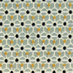 Detailopname van Elitis outdoorstof Rio OD 120 40 met een geometrisch patroon in blauw, geel en zwart.