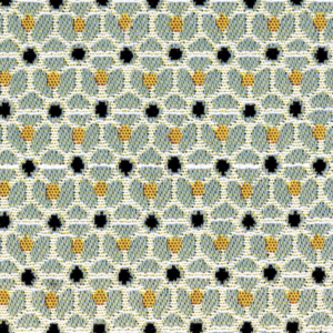 Detailopname van Elitis outdoorstof Rio OD 120 40 met een geometrisch patroon in blauw, geel en zwart.