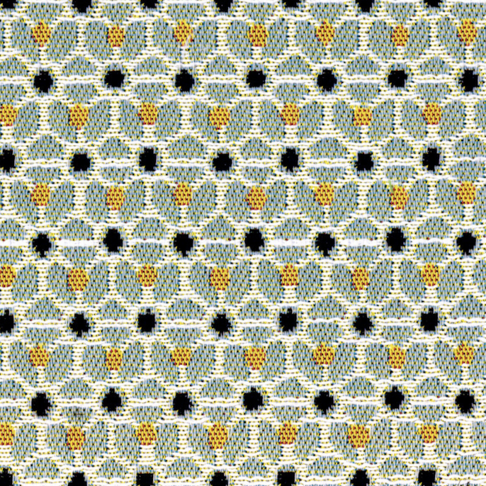 Detailopname van Elitis outdoorstof Rio OD 120 40 met een geometrisch patroon in blauw, geel en zwart.
