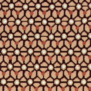Detailopname van Elitis outdoor stof Rio OD 120-51 met een grafisch bloemmotief in beige, zwart en roestbruin.
