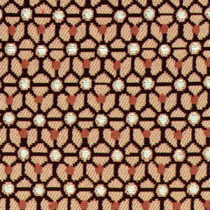 Detailopname van Elitis outdoor stof Rio OD 120-51 met een grafisch bloemmotief in beige, zwart en roestbruin.