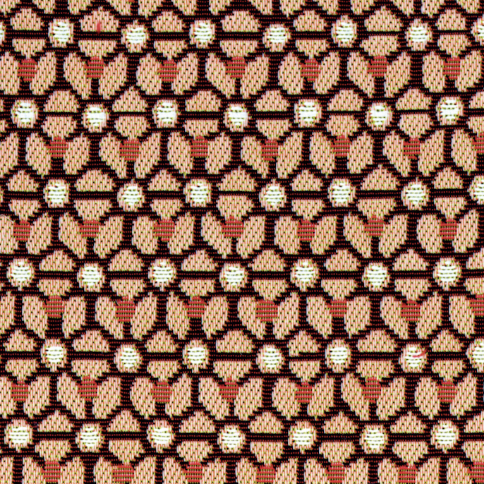 Detailopname van Elitis outdoor stof Rio OD 120-51 met een grafisch bloemmotief in beige, zwart en roestbruin.