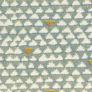 Detail van Elitis Outdoor-stof Rio OD 121 40 met geometrisch patroon in blauw, wit en geel.