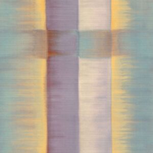 Abstract patroon op Elitis Tribus Carthagene RM 1080-40 behang met verticale en horizontale banen in pastelkleuren.