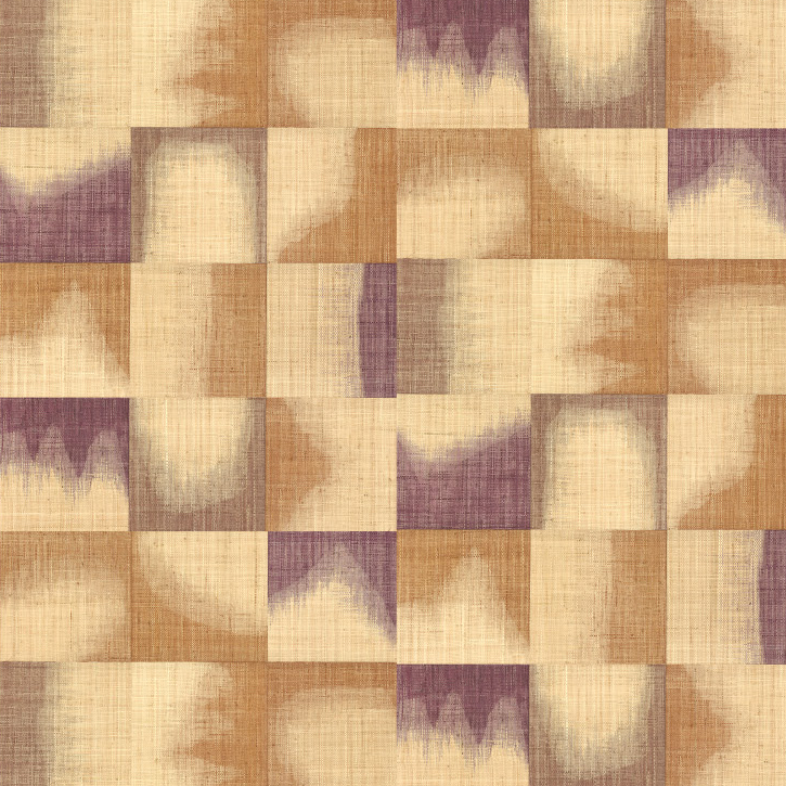 Vlak patroon van Elitis Tribus Comporta RM 1079-42 behang met vervaagde vormen in beige, bruin en paars.