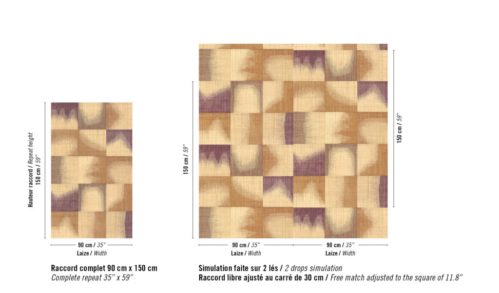 Voorbeeld van het Elitis Tribus Comporta RM 1079 42 roze behangpatroon in volledige herhaling en gesimuleerde toepassing over twee banen.