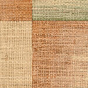 Vlechtwerk-patroon van natuurlijk raffiamateriaal in vierkleurige vlakken uit de Elitis Tribus Comporta RM 1079-60 collectie.