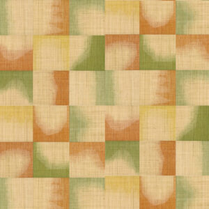 Vlakverdeling van Elitis Tribus Comporta RM 1079 60 met geweven textuur en zachte aardetinten zoals oranje, groen, geel en beige.