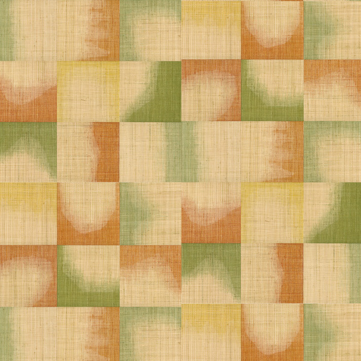 Vlakverdeling van Elitis Tribus Comporta RM 1079 60 met geweven textuur en zachte aardetinten zoals oranje, groen, geel en beige.