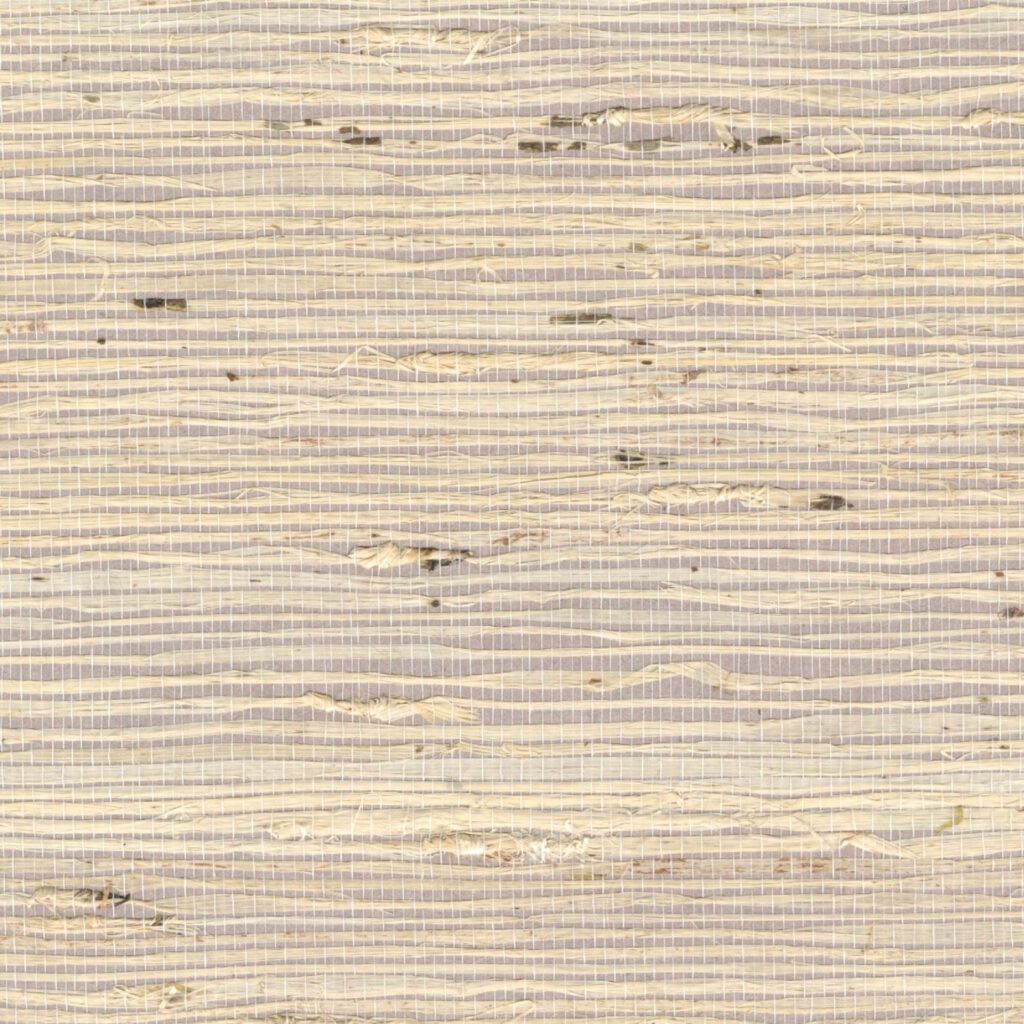 Beige en lila Elitis Tribus grasscloth behang met een horizontaal geweven patroon van natuurlijke vezels.
