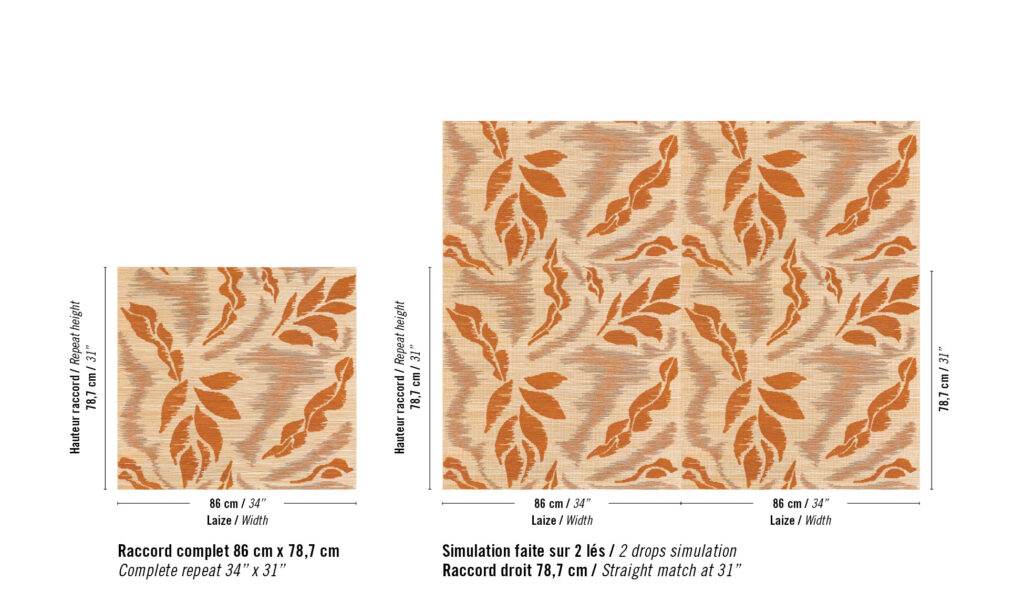 Voorbeeld van het Elitis Tribus IskandarRM-1097-35 patroon met herhalende oranje bladvormen op een beige achtergrond, inclusief afmetingen en herhalingshoogte.
