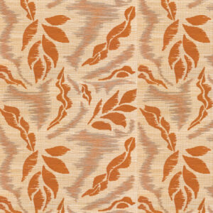 Decoratief patroon uit de Elitis Tribus Iskandar collectie met abstracte, oranjerode bladvormen op een beige geweven achtergrond.