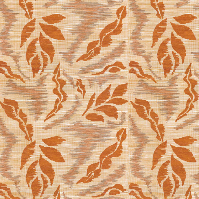 Decoratief patroon uit de Elitis Tribus Iskandar collectie met abstracte, oranjerode bladvormen op een beige geweven achtergrond.