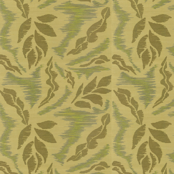 Abstract patroon met bladachtige vormen en strepen in olijfgroen en okergeel uit de Elitis Tribus IskandarRM-1097-60 collectie.