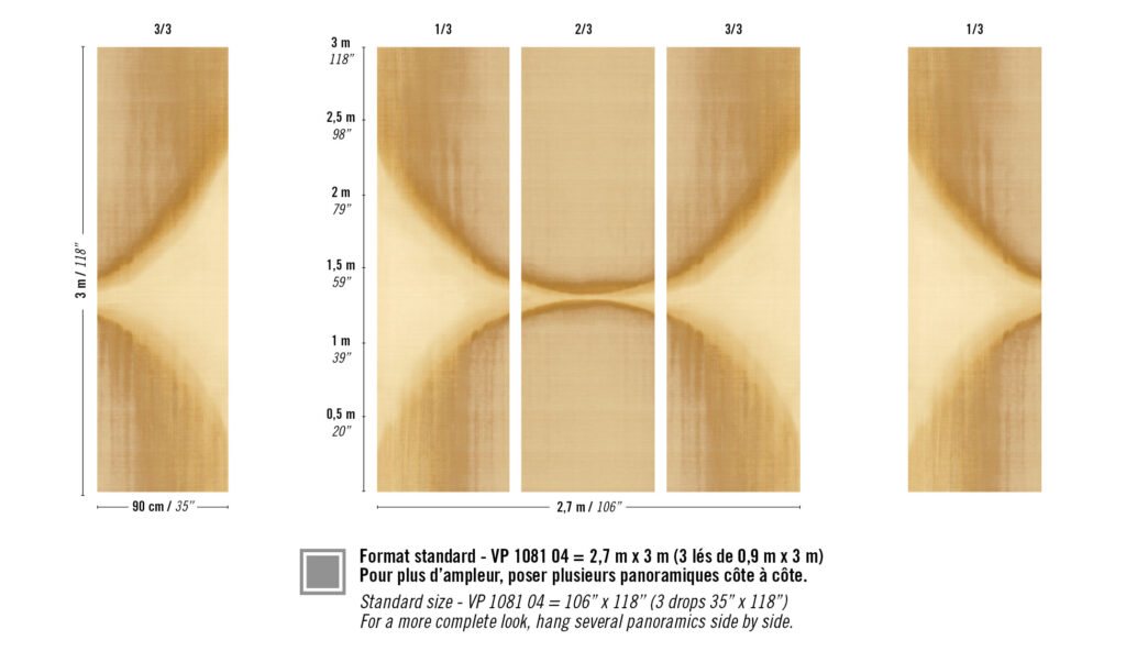 Afbeelding van het Elitis Tribus Itza RM 1081 04 behangpatroon in warme beige- en bruintinten, verdeeld over stroken van elk 90 cm breed en 3 meter hoog.
