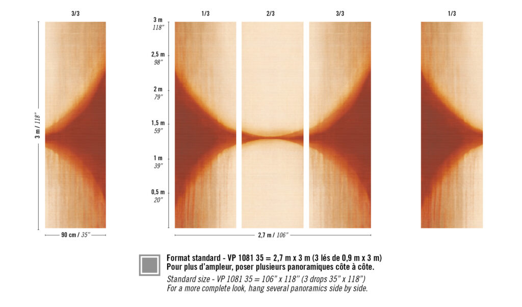 Abstract patroon 'Elitis Tribus Itza RM 1081 35' met warme aardetinten verdeeld over drie verticale panelen van 3 meter hoog.