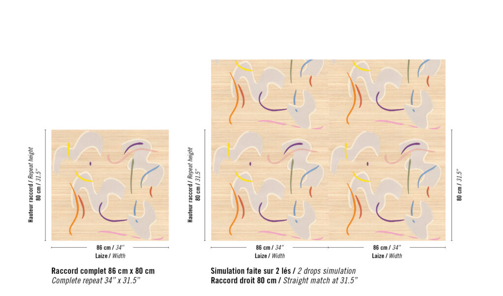 Voorbeeld van het herhalende patroon Elitis Tribus Lazgi RM 1100 01 met abstracte vormen en kleurrijke lijnen op een beige achtergrond.