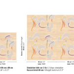 Voorbeeld van het herhalende patroon Elitis Tribus Lazgi RM 1100 01 met abstracte vormen en kleurrijke lijnen op een beige achtergrond.