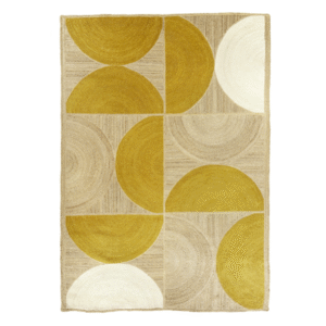 Vloerkleed Elitis Rockey Banane van 250 x 350 cm met een geometrisch patroon in gele, beige en witte halve cirkels.