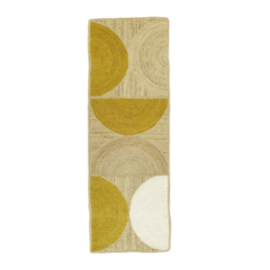 Lange loper in neutrale en gele tinten met abstract patroon van halve cirkels, Elitis vloerkleed Rockey Banane.