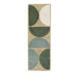 Langwerpig Elitis vloerkleed Rocky loper in sauge-kleuren met abstract geometrisch patroon in groentinten en beige.